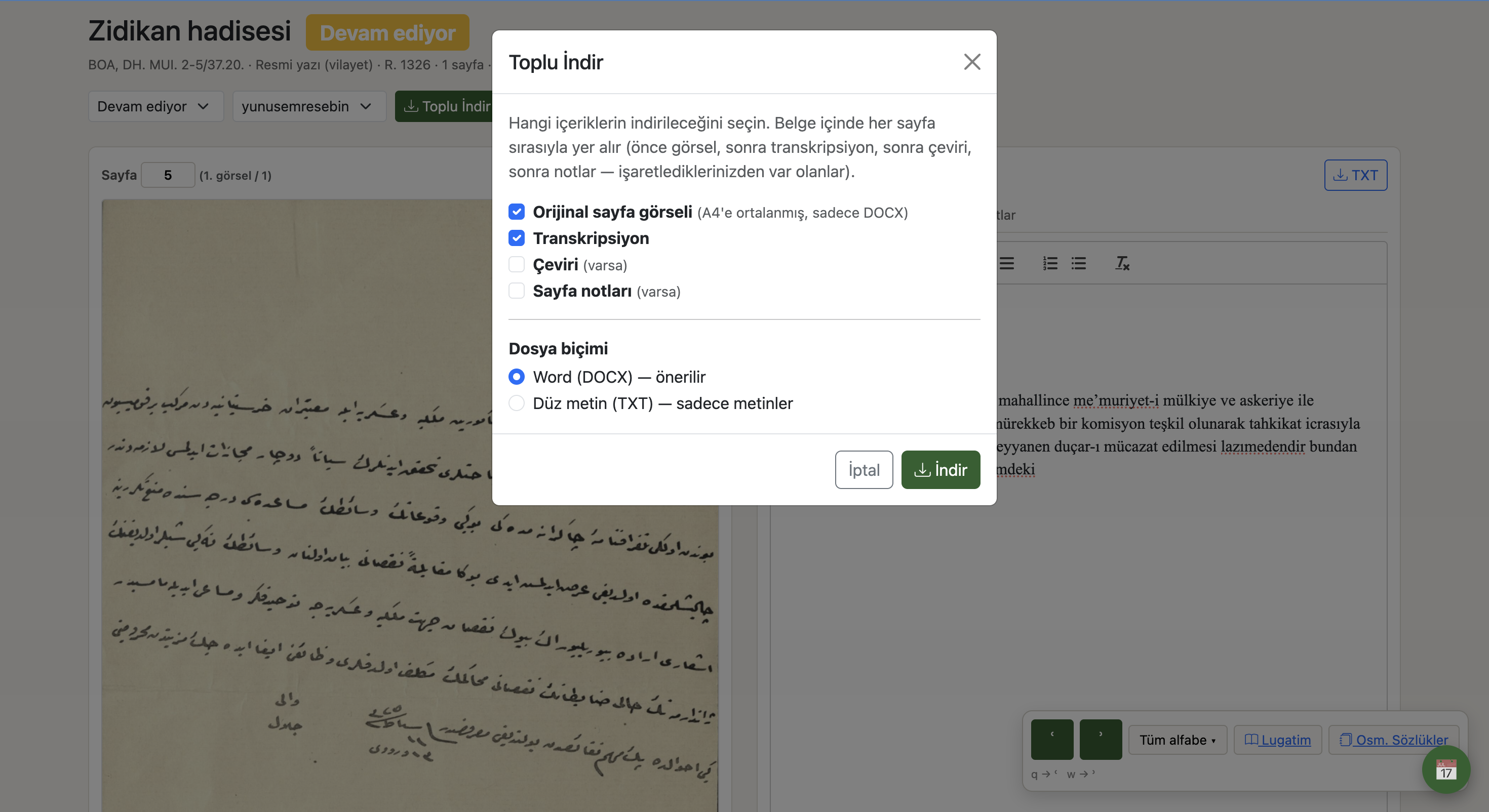 DOCX indirme seçenekleri